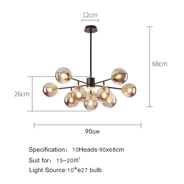 Modern black metal chandelier with ten amber glass globes from decorbites black gold nordic pendant collection