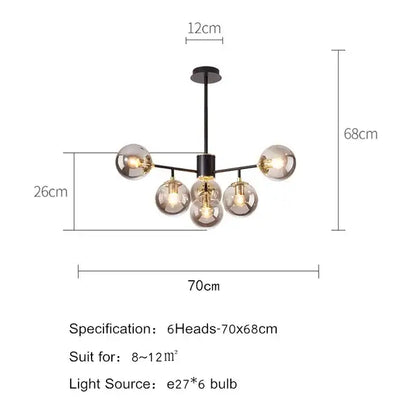 Modern black metal DecorBites black gold pendant chandelier with six spherical glass globe shades for Nordic lighting