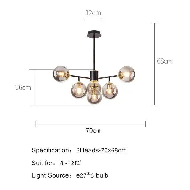 Modern black metal DecorBites black gold pendant chandelier with six spherical glass globe shades for Nordic lighting