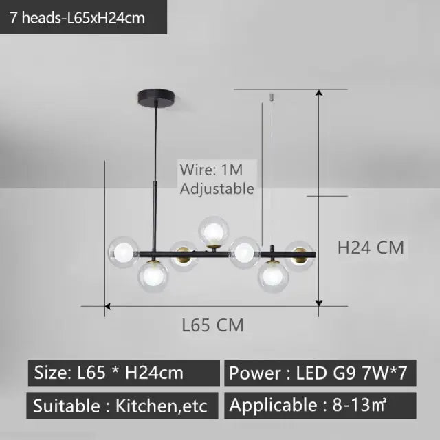 DecorBites black gold nordic pendant chandelier with seven clear glass globes and gold accents for modern lighting