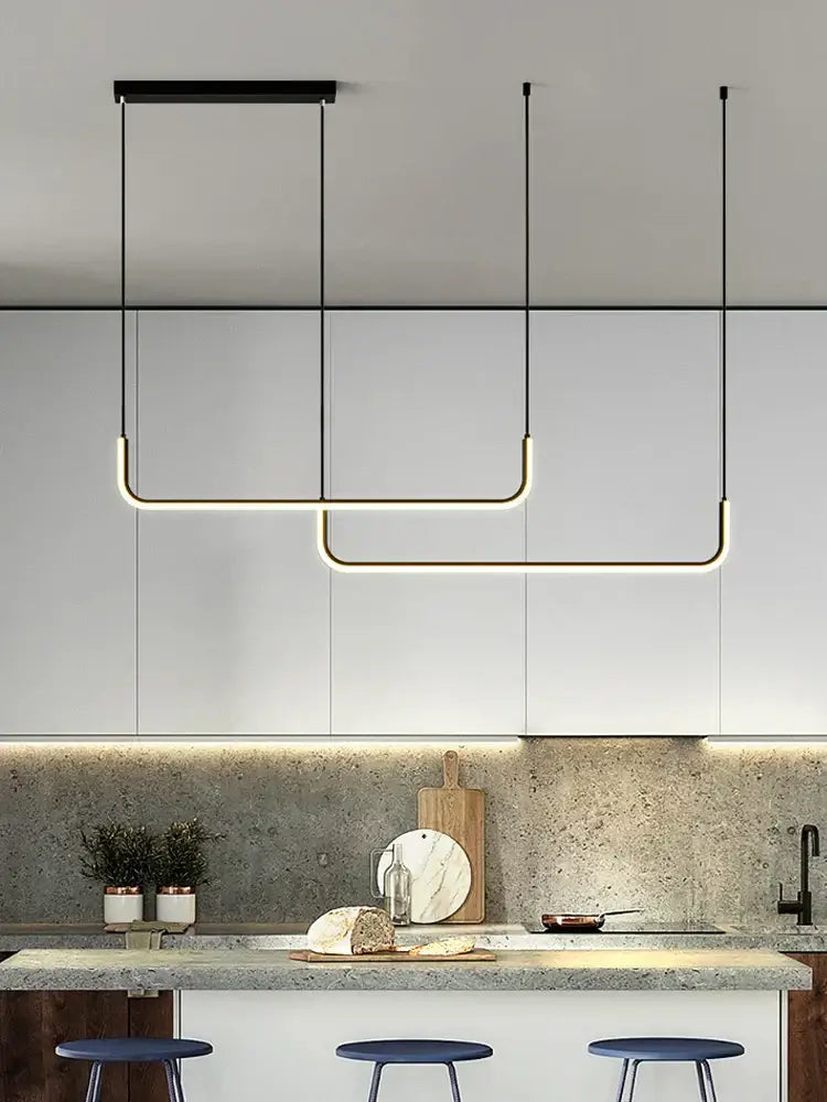 Modern minimalist decorbites black gold pendant chandelier with sleek black frames and warm linear LED strips for dining room