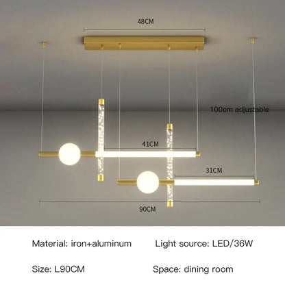 Decorbites black gold pendant lamp with gold-toned iron and aluminum led bars and crystal rods for modern indoor lighting