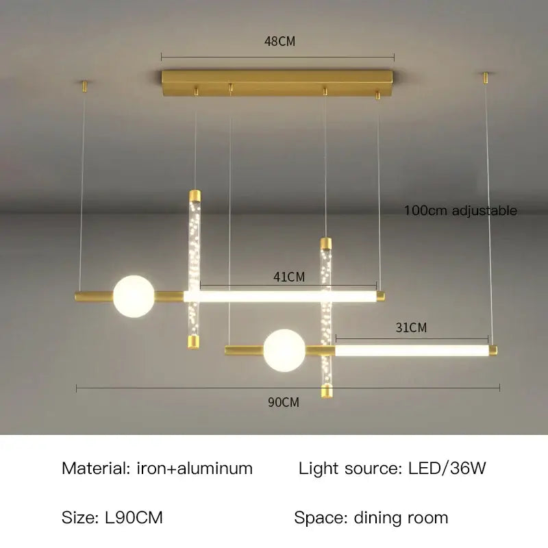 Decorbites black gold pendant lamp with gold-toned iron and aluminum led bars and crystal rods for modern indoor lighting