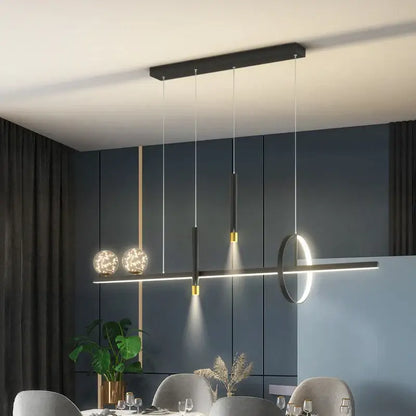 Modern black gold pendant lamp by DecorBites featuring a sleek linear design with spherical globe lights for dining room use