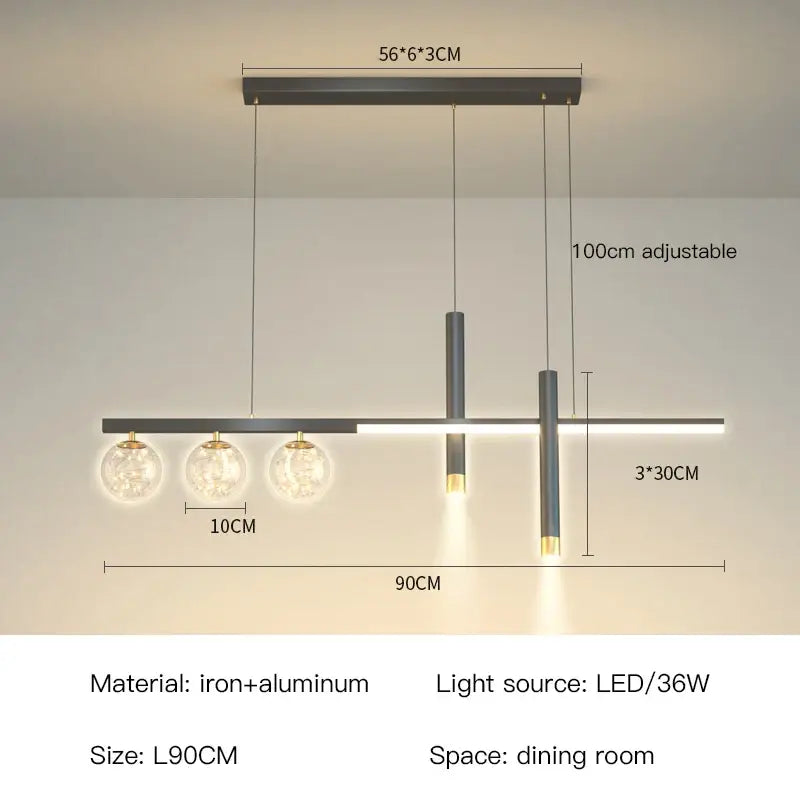 Modern pendant lamp by DecorBites black gold with black iron frame, aluminum, glass globes, and led fixtures for indoor use