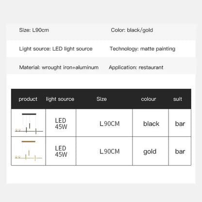 Decorbites black gold pendant lamp with matte wrought iron and aluminum LED bar light for dining room and kitchen