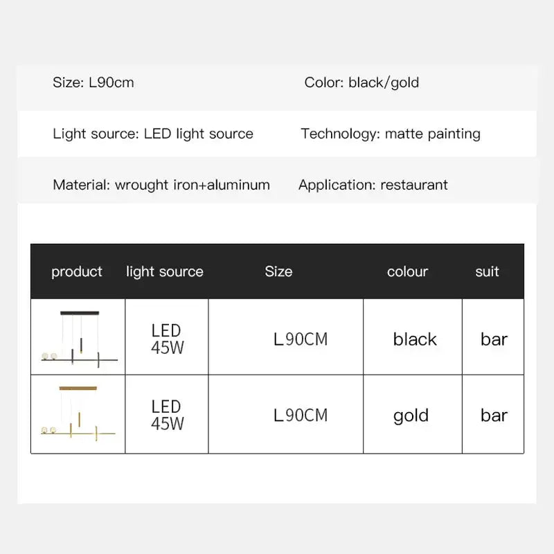Decorbites black gold pendant lamp with matte wrought iron and aluminum LED bar light for dining room and kitchen