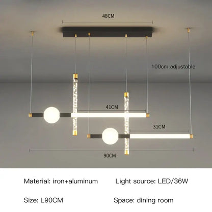 Modern black gold pendant lamp by DecorBites with black iron frame, aluminum bars, and crystal accents for dining room light