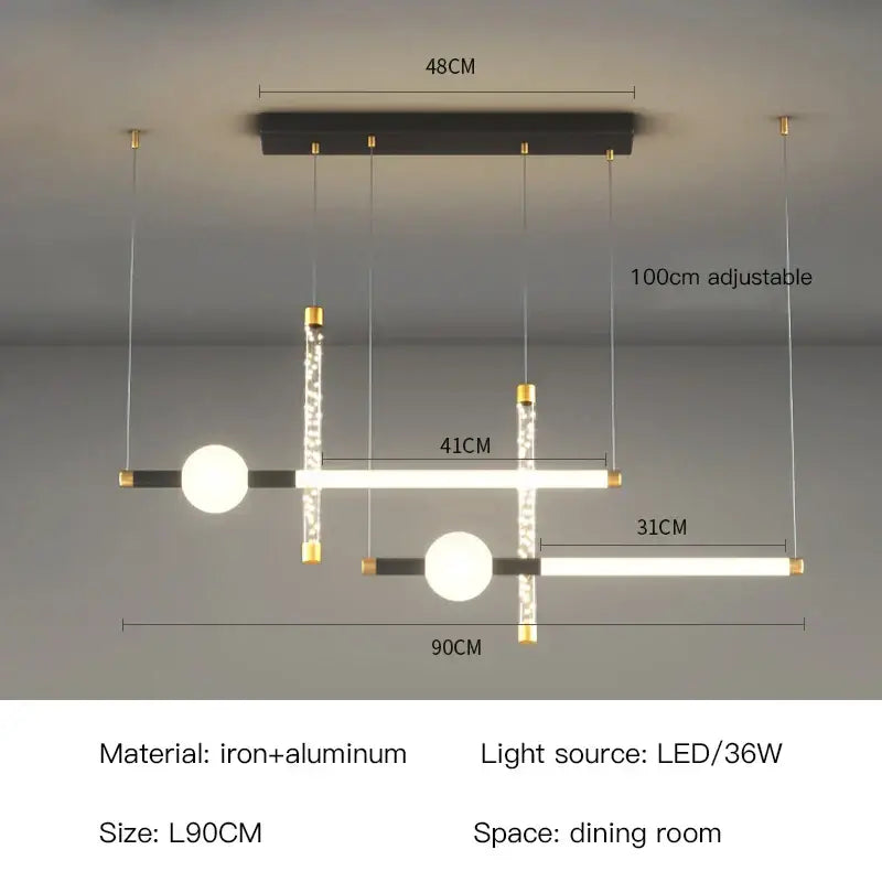 Modern black gold pendant lamp by DecorBites with black iron frame, aluminum bars, and crystal accents for dining room light