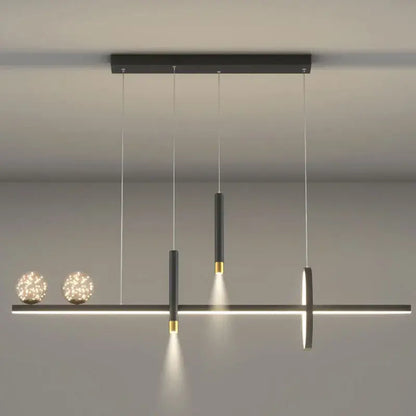 Modern black gold pendant lamp by DecorBites with cylindrical bulbs and spherical accents for dining room and kitchen lighting
