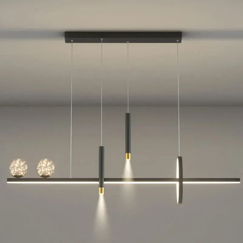 Modern black gold pendant lamp by DecorBites with cylindrical bulbs and spherical accents for dining room and kitchen lighting