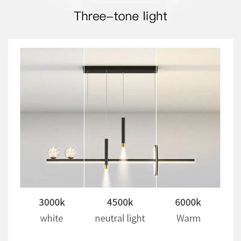 Modern minimalist DecorBites black gold pendant lamp with black bar, glass globes, and led tube for dining room lighting
