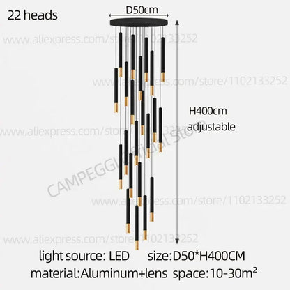 Decorbites black gold pendant lamp featuring a modern nordic design with 22 led light heads on adjustable aluminum frame