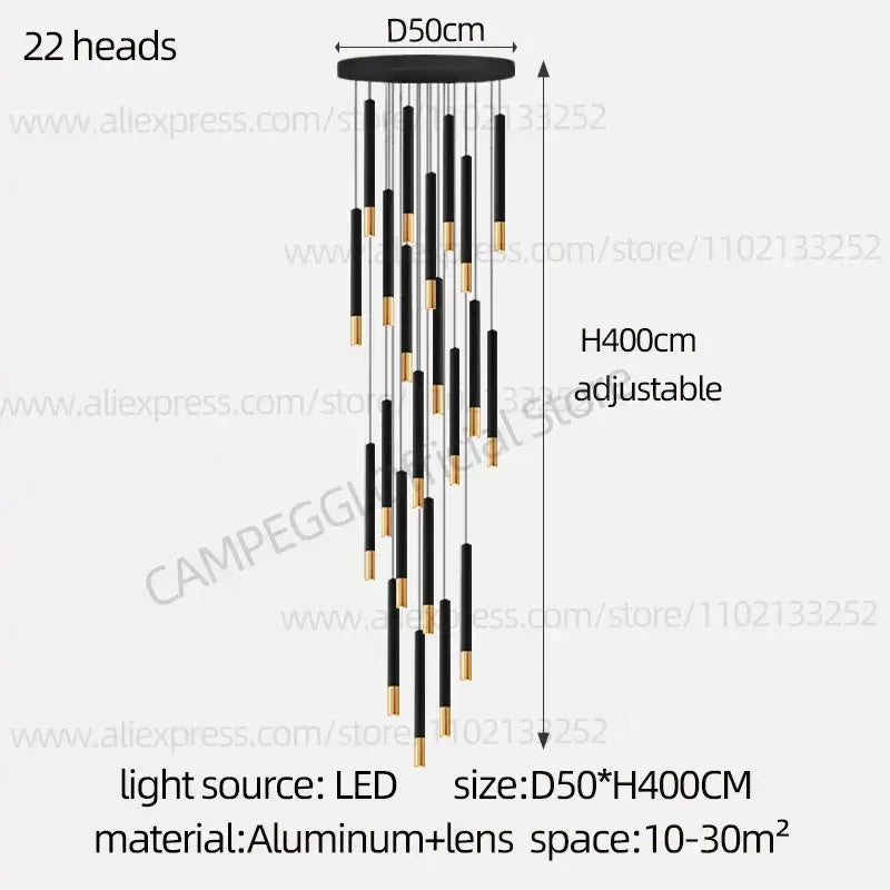 Decorbites black gold pendant lamp featuring a modern nordic design with 22 led light heads on adjustable aluminum frame