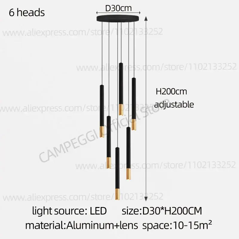 Decorbites black gold pendant lamp with six adjustable cylindrical led heads in modern nordic indoor lighting design