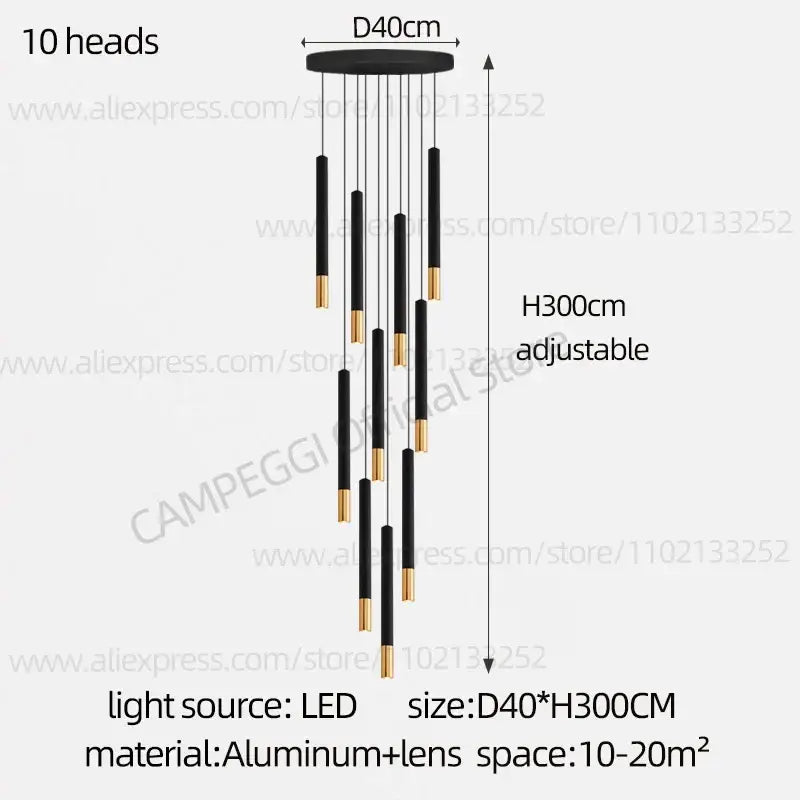 DecorBites black gold pendant lamp with ten slender vertical LED light heads in modern Nordic design