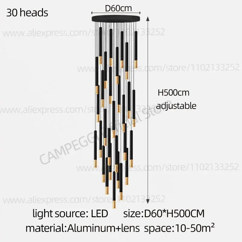 Decorbites black gold pendant lamp with 30 led light heads suspended from an adjustable aluminum base for indoor use