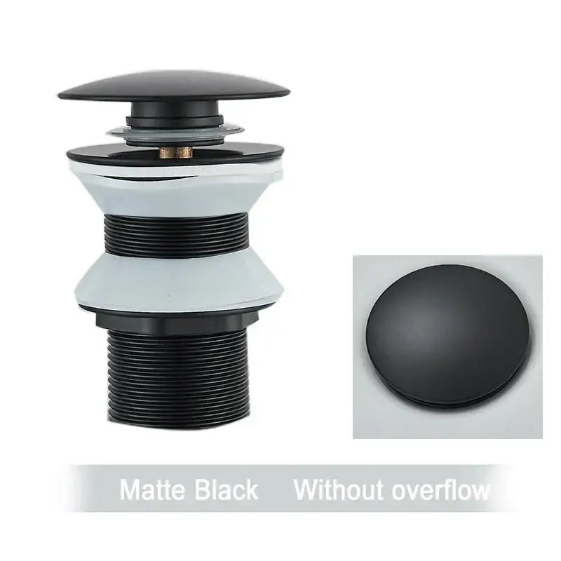 Matte black sink drain stopper with ribbed accents and flat top cap in the decorbites black gold pop up faucet accessory kit