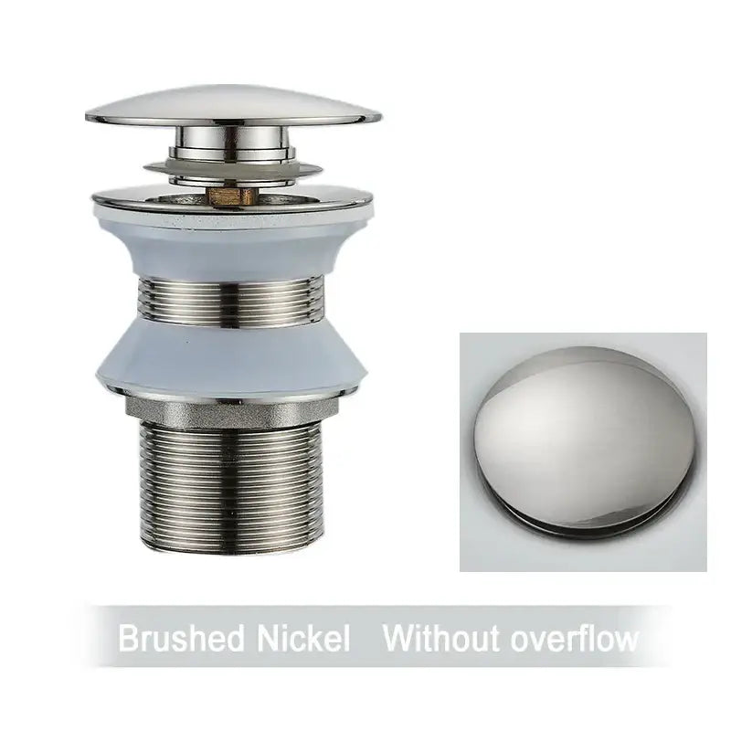 DecorBites black gold pop up drain in brushed nickel with sleek rounded top and threaded base for faucet accessory kit