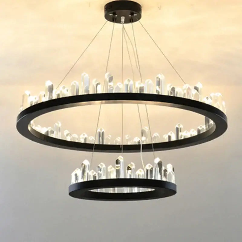 Modern black gold rings double-ring chandelier with clear crystal-like pendants for luxury living room lighting