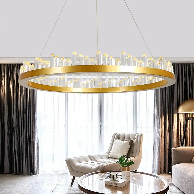 Decorbites black gold rings crystal chandelier with gold rings and clear rods featuring warm led lights for living room
