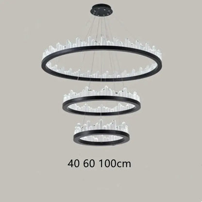 Modern black gold rings crystal chandelier with three tiered rings and clear accents for living room lighting