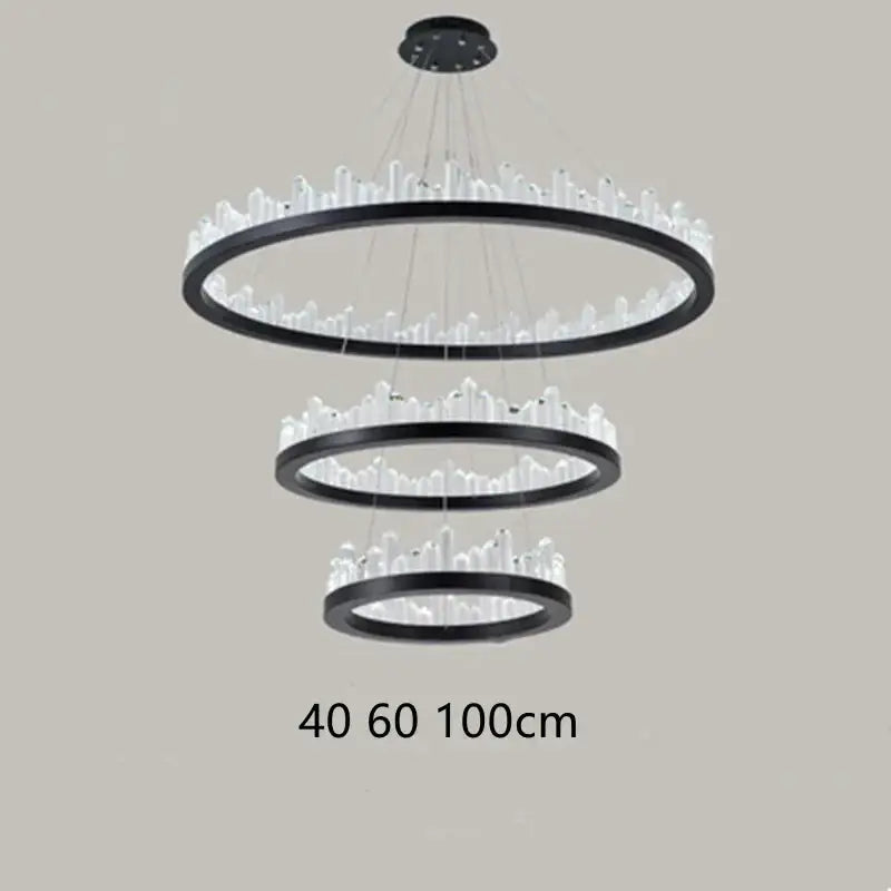 Modern black gold rings crystal chandelier with three tiered rings and clear accents for living room lighting