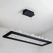 Black gold rings crystal chandelier with black rectangular frame and clear faceted crystals in modern geometric design