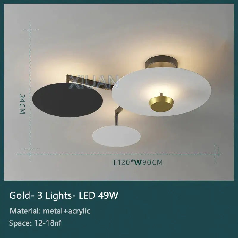 Decorbites black gold round chandelier with gold finish metal arms and three circular acrylic shades with remote dimming