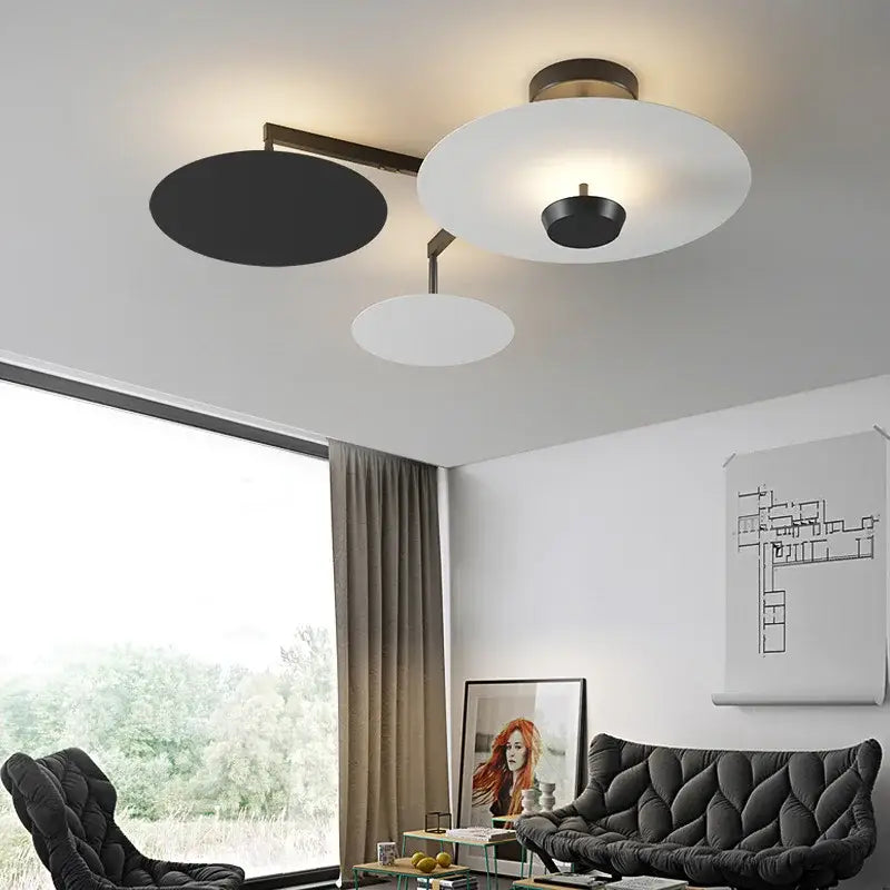 Modern ceiling light fixture with three black and white circular shades and brass frame decorbites black gold round chandelier