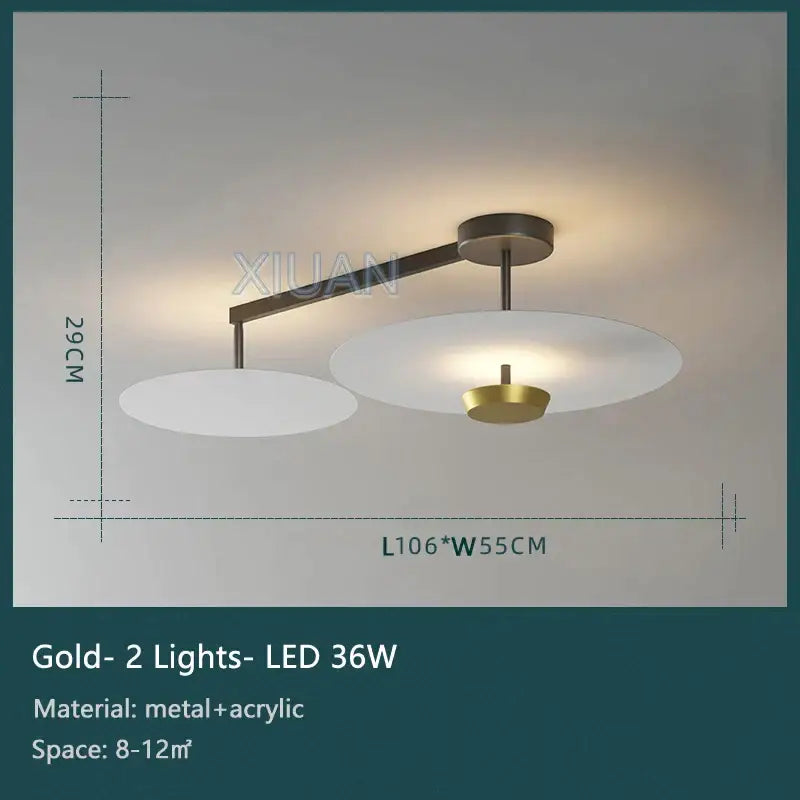 Gold-finished decorbites black gold round chandelier with two frosted acrylic shades and sleek metal arm with remote dimming