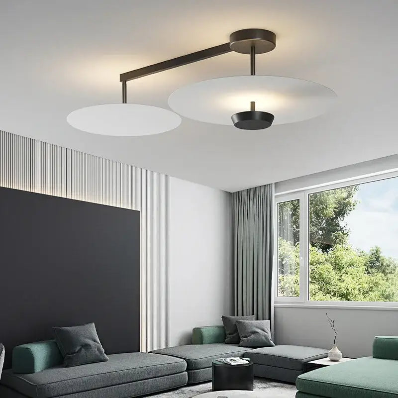 Modern minimalist decorbites black gold round chandelier with dark bronze arm and two white frosted glass discs ceiling light