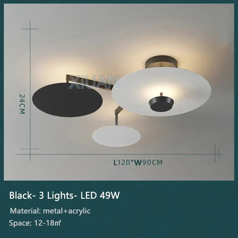 Modern black and white three-light led ceiling fixture with sleek metal frame acrylic shades in DecorBites black gold round chandelier
