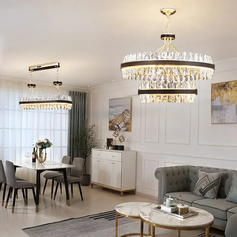 Decorbites black gold round led crystal chandelier with gold-toned tiers and black accents for modern living room lighting