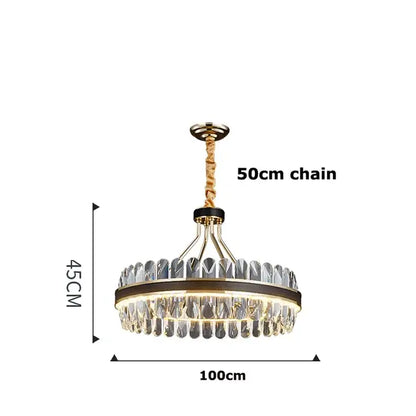 DecorBites black gold round led chandelier with gold-toned metal frame and crystal droplets for modern living rooms