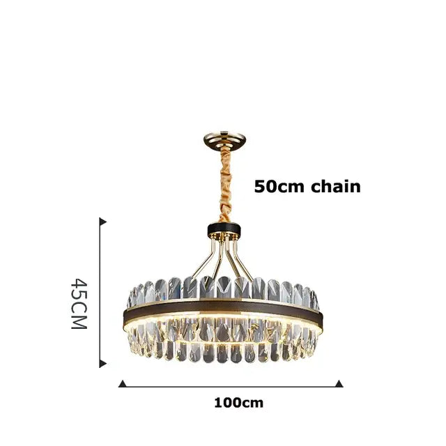 DecorBites black gold round led chandelier with gold-toned metal frame and crystal droplets for modern living rooms