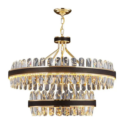 Decorbites black gold round led crystal chandelier with two tiers of faceted droplets and black textured bands
