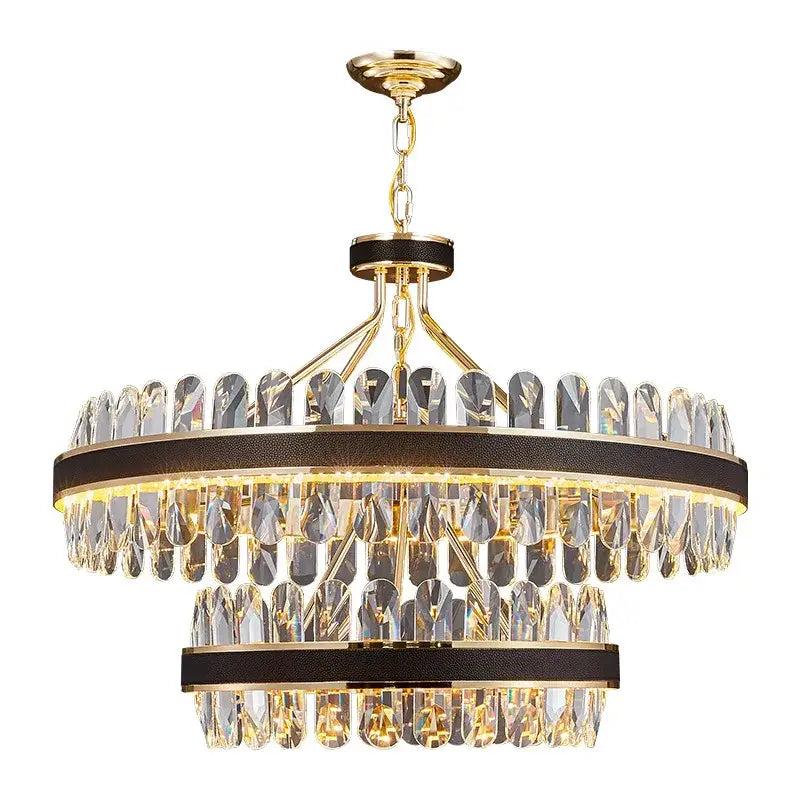 Decorbites black gold round led crystal chandelier with two tiers of faceted droplets and black textured bands