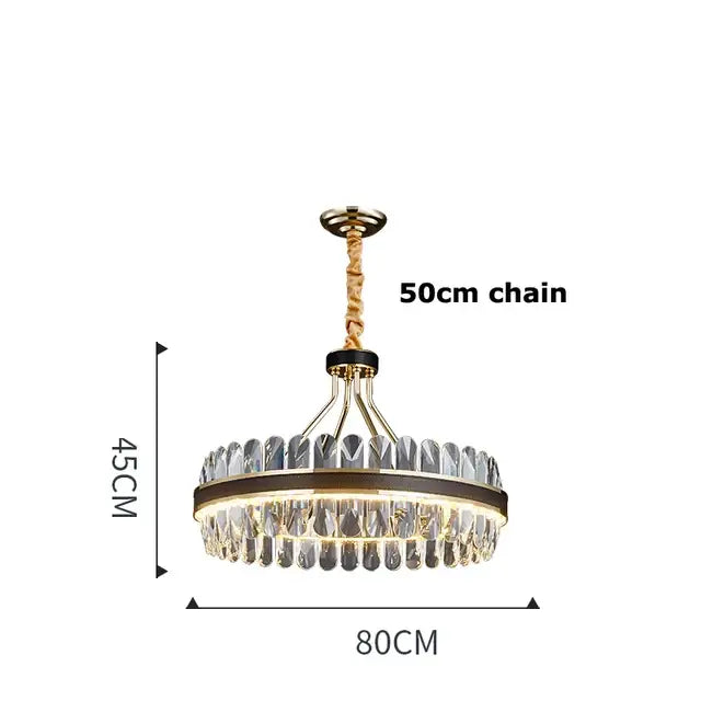 A decorbites black gold round led crystal chandelier with gold-toned frame and clear crystals for living room lighting