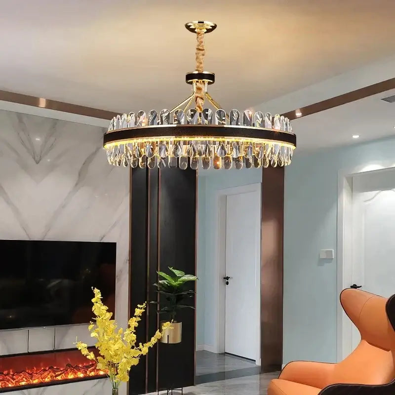 DecorBites black gold round LED crystal chandelier with circular frame and dangling crystals for living room decor