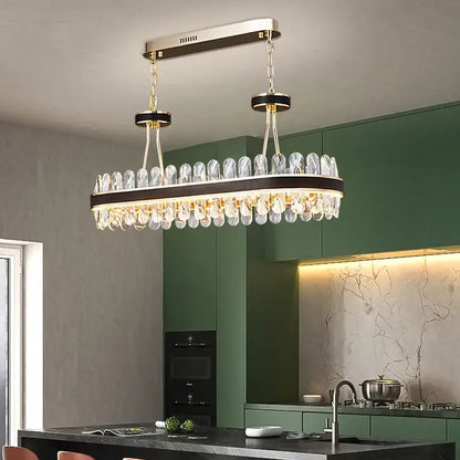 Elegant decorbites black gold round led crystal chandelier with clear droplets and gold-toned metal for living room