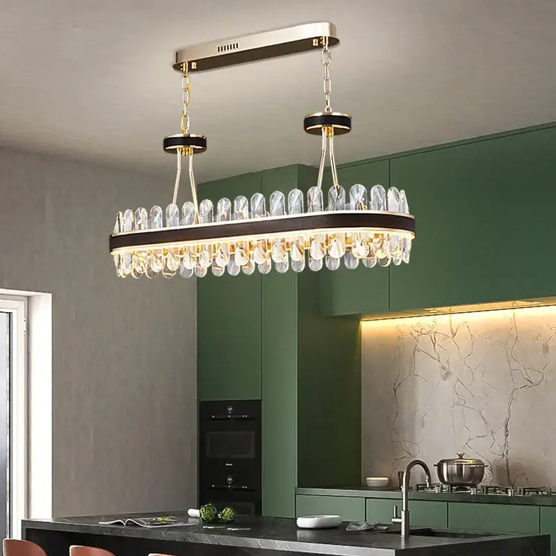 Elegant decorbites black gold round led crystal chandelier with clear droplets and gold-toned metal for living room