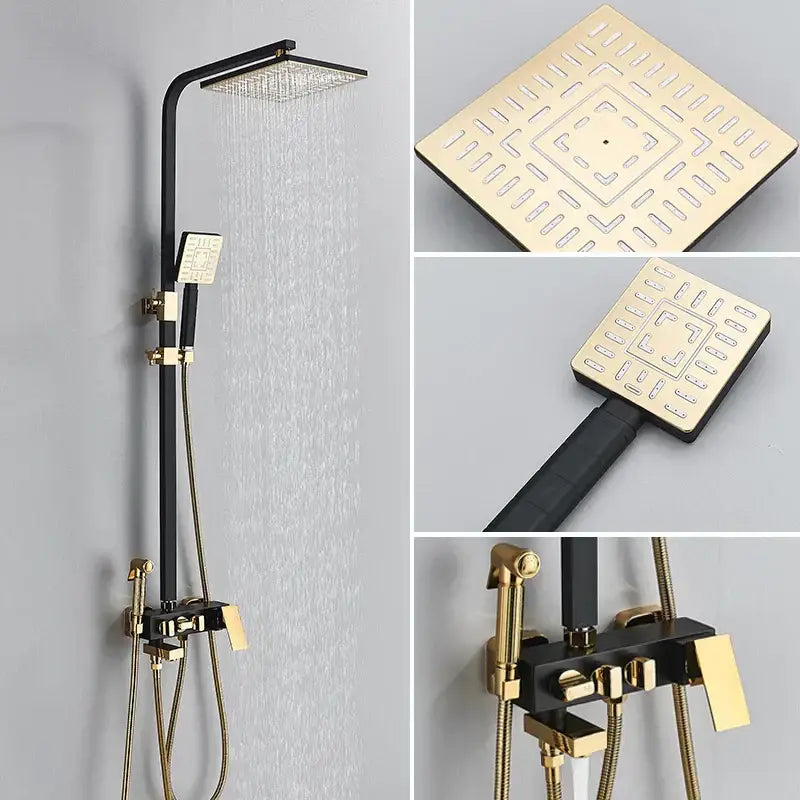 Modern black and gold DecorBites shower faucet set with square rainhead handheld spray and bidet function wall mounted mixer