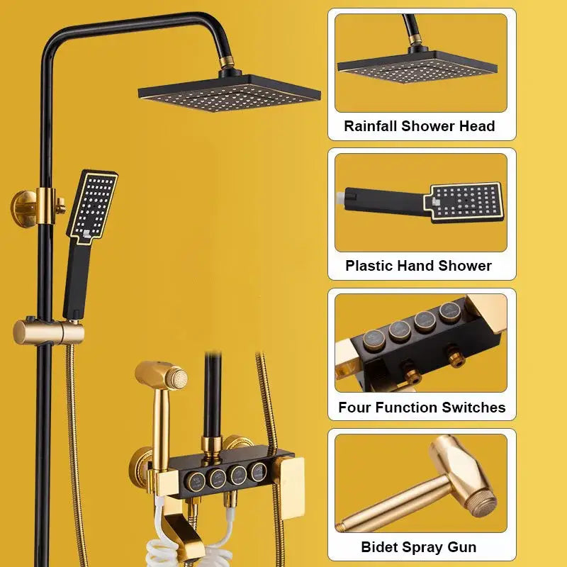 Decorbites™ black gold shower faucet set with rainfall head, hand shower, four-function switches, and bidet spray gun