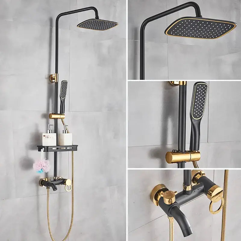 DecorBites™ black gold shower faucet set with square rainhead handheld shower and integrated shelf wall mounted mixer