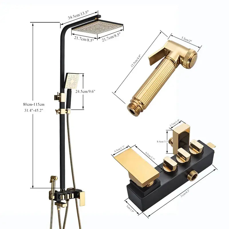 Decorbites black gold shower faucet set with square rainhead handheld sprayer and multifunction control valve