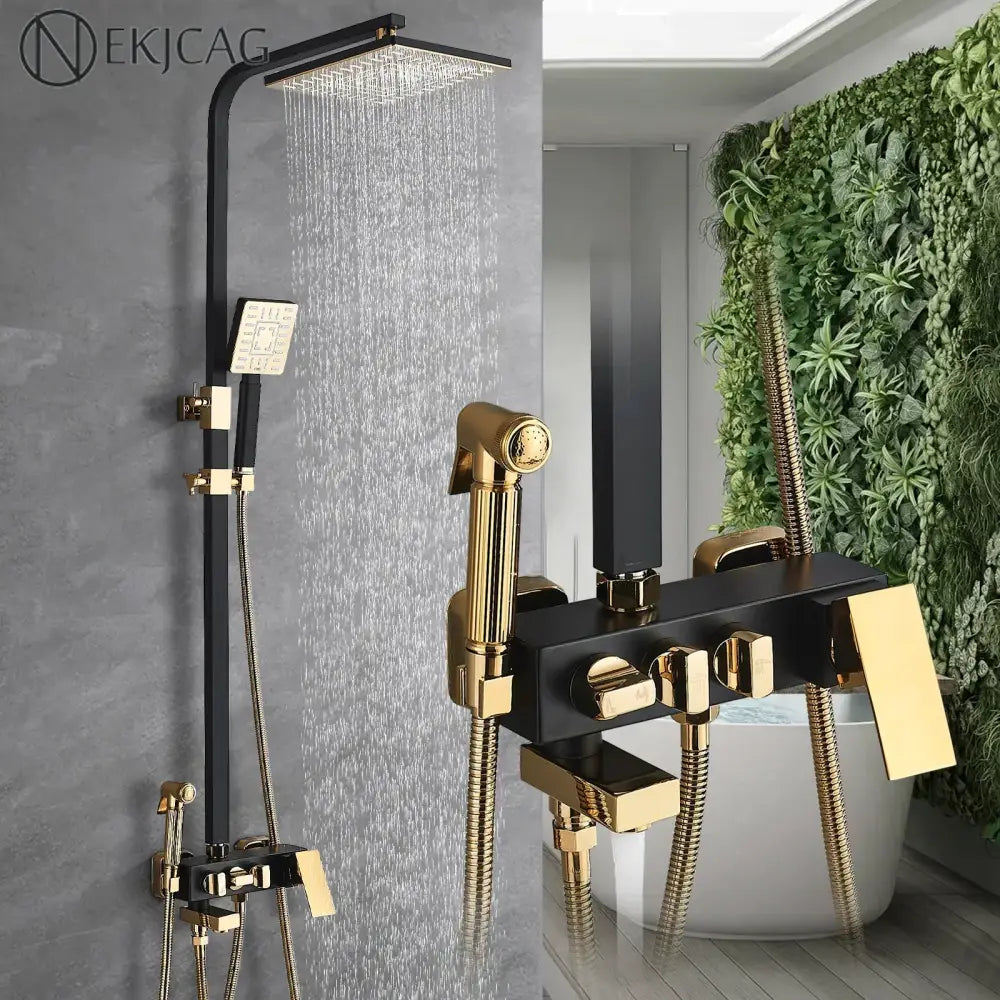DecorBites™ black and gold shower faucet set with square rainhead, handheld sprayer, and wall-mounted controls