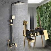DecorBites™ black and gold shower faucet set with square rainhead, handheld sprayer, and wall-mounted controls
