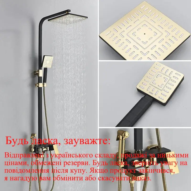 DecorBites black gold shower faucet set with square rainhead handheld showerhead and bidet function wall mounted