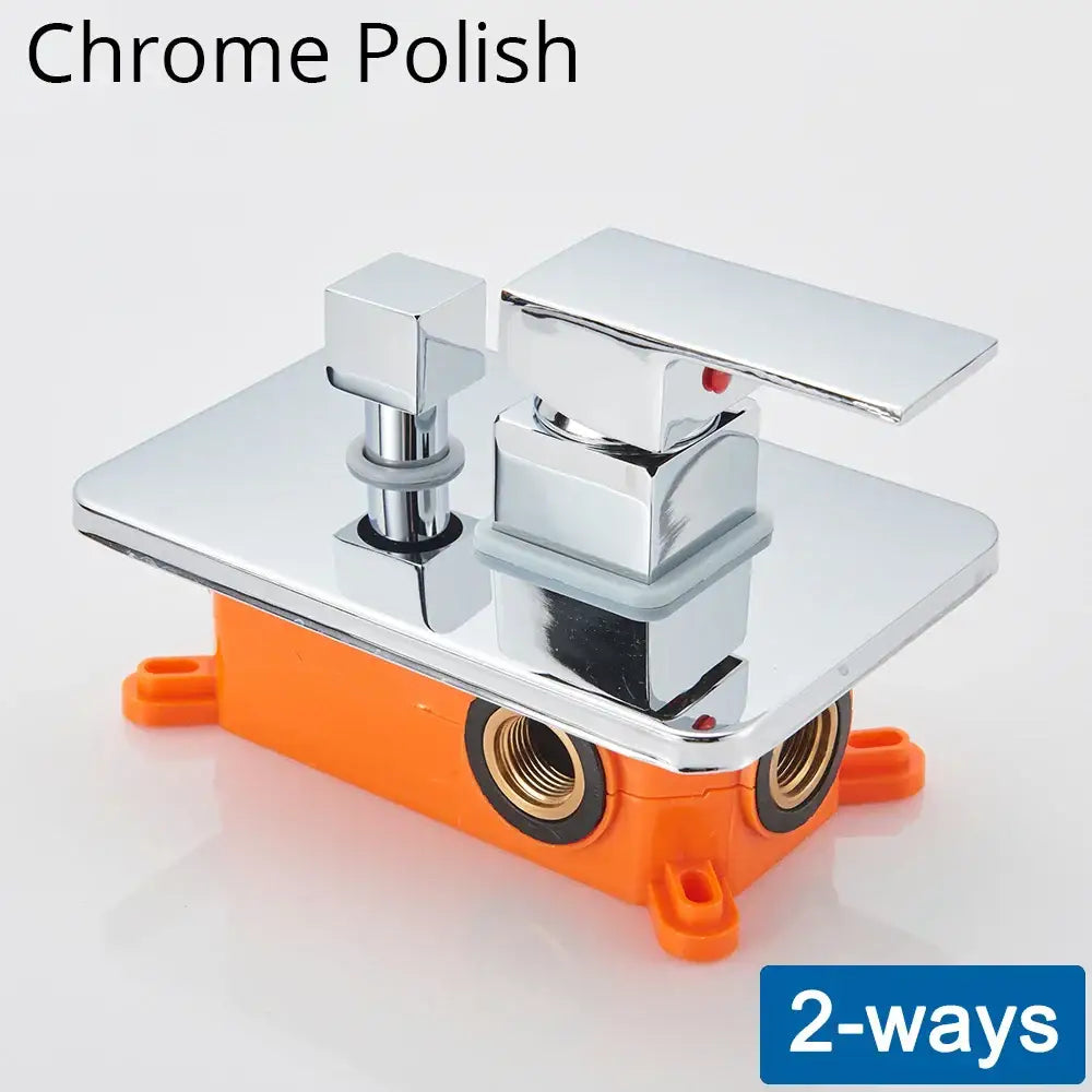 DecorBites™ shower mixing valve with chrome-finished faucet, square plate, two handles, on orange plastic base